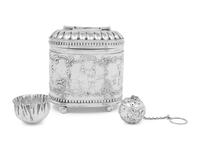 A Continental Silver Tea Caddy, Strainer and Tea Ball