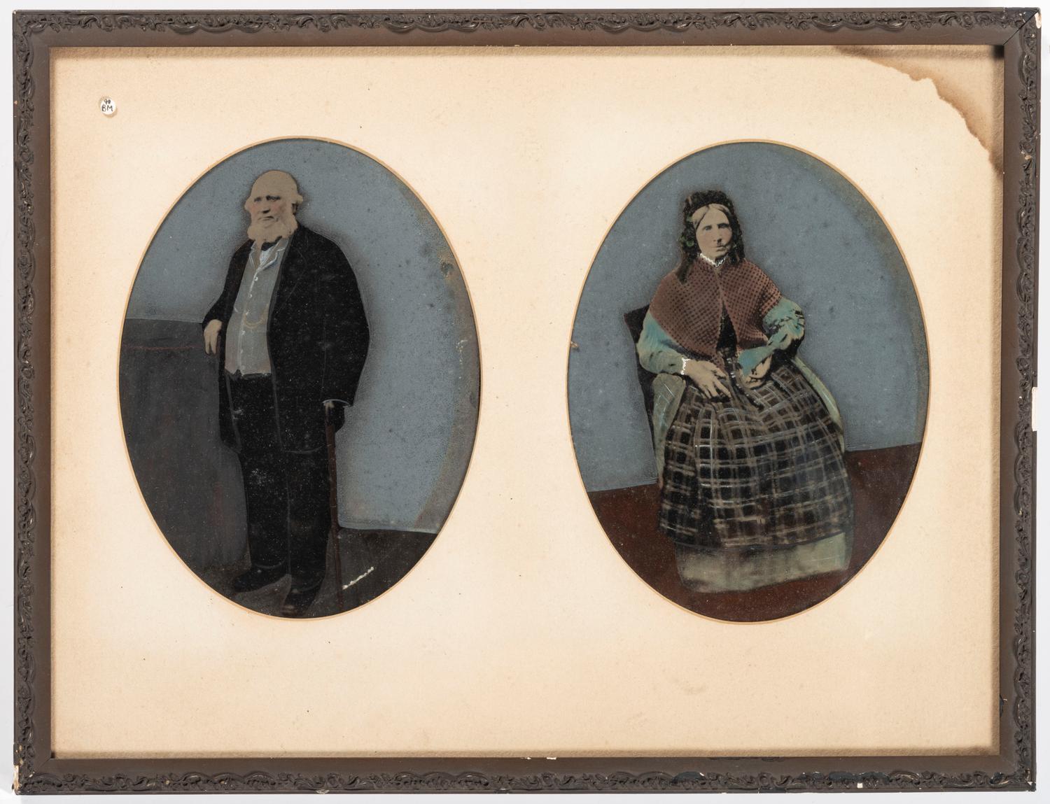 [EARLY PHOTOGRAPHY - PORTRAITURE]. A group of 10 folk art hand-painted tintypes of individual men, women, and couples, including: