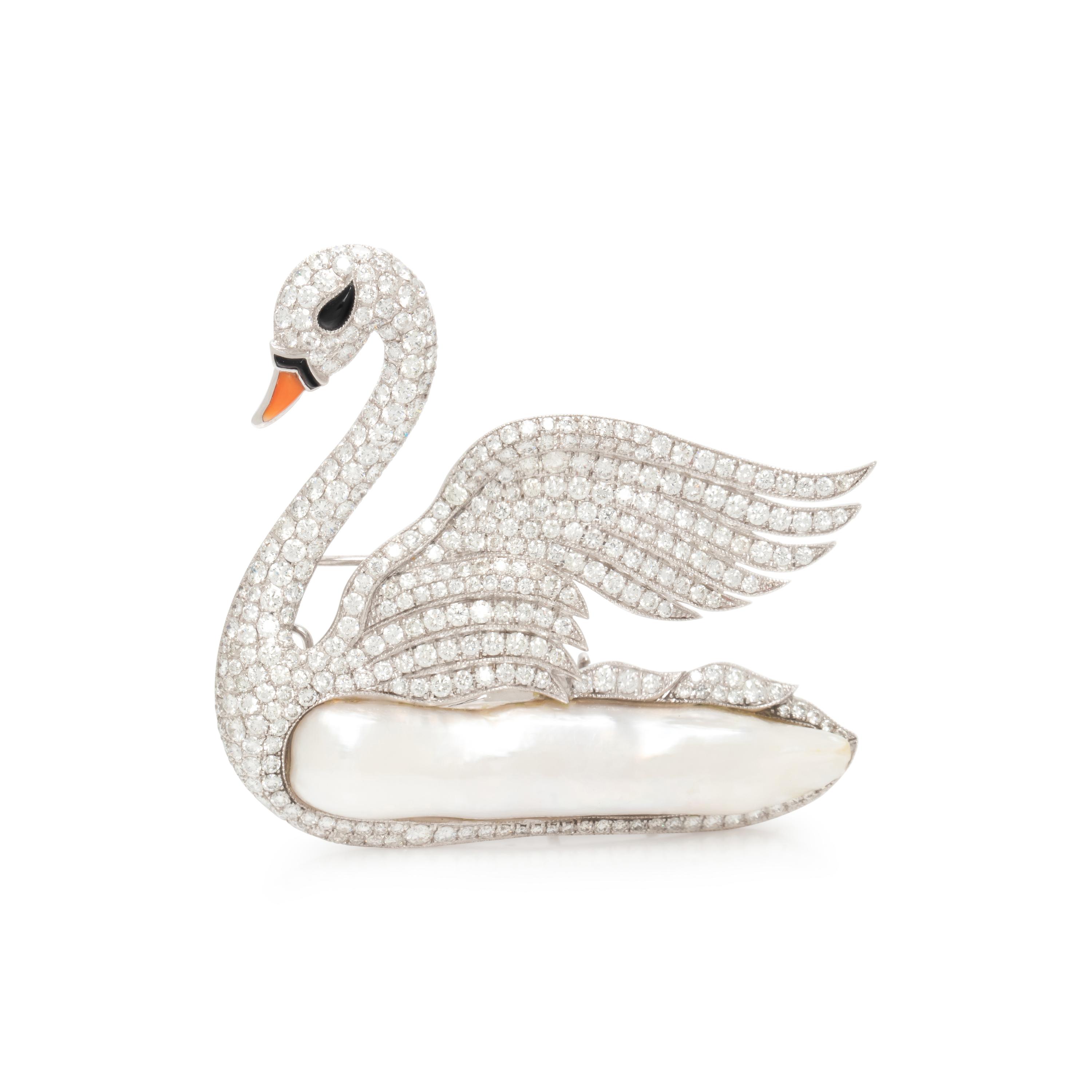 DIAMOND AND BAROQUE CULTURED PEARL SWAN BROOCH