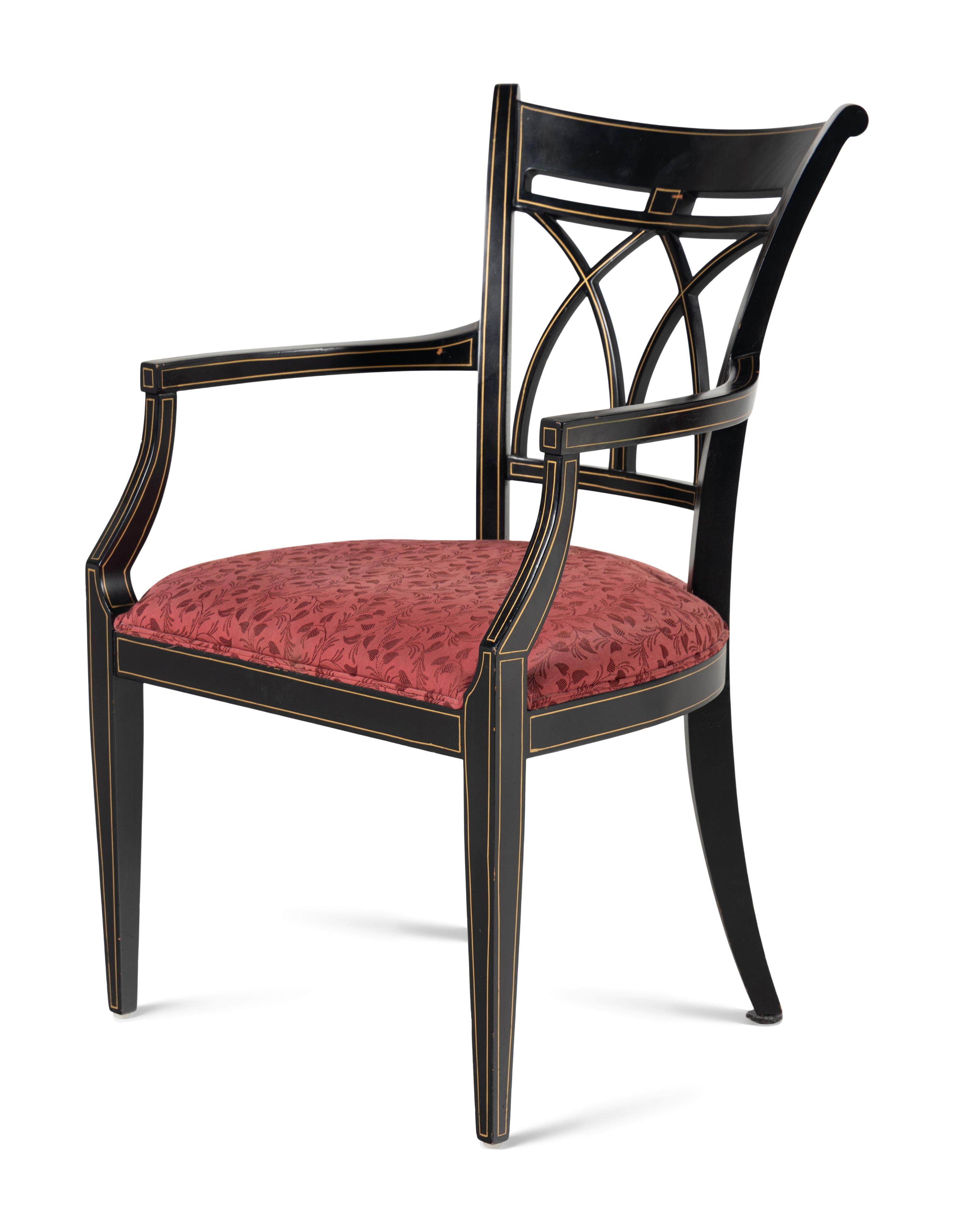 A Pair of Regency Style Ebonized and Parcel-Gilt Armchairs