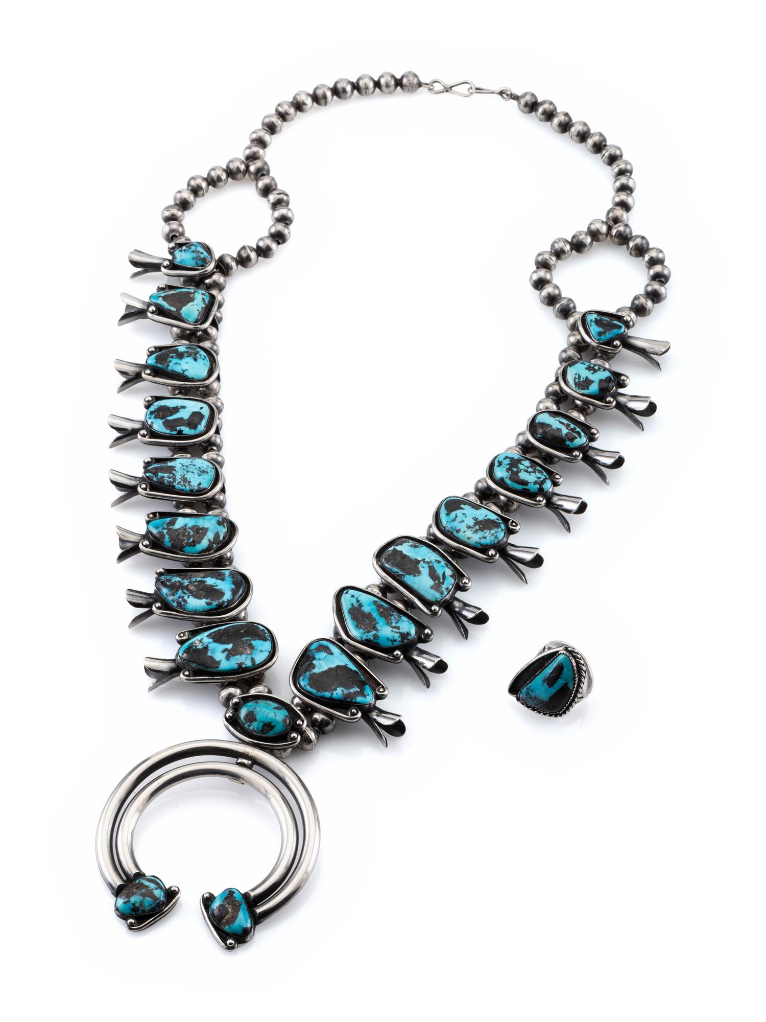 Navajo Silver and Turquoise Squash Blossom Necklace, with Ring