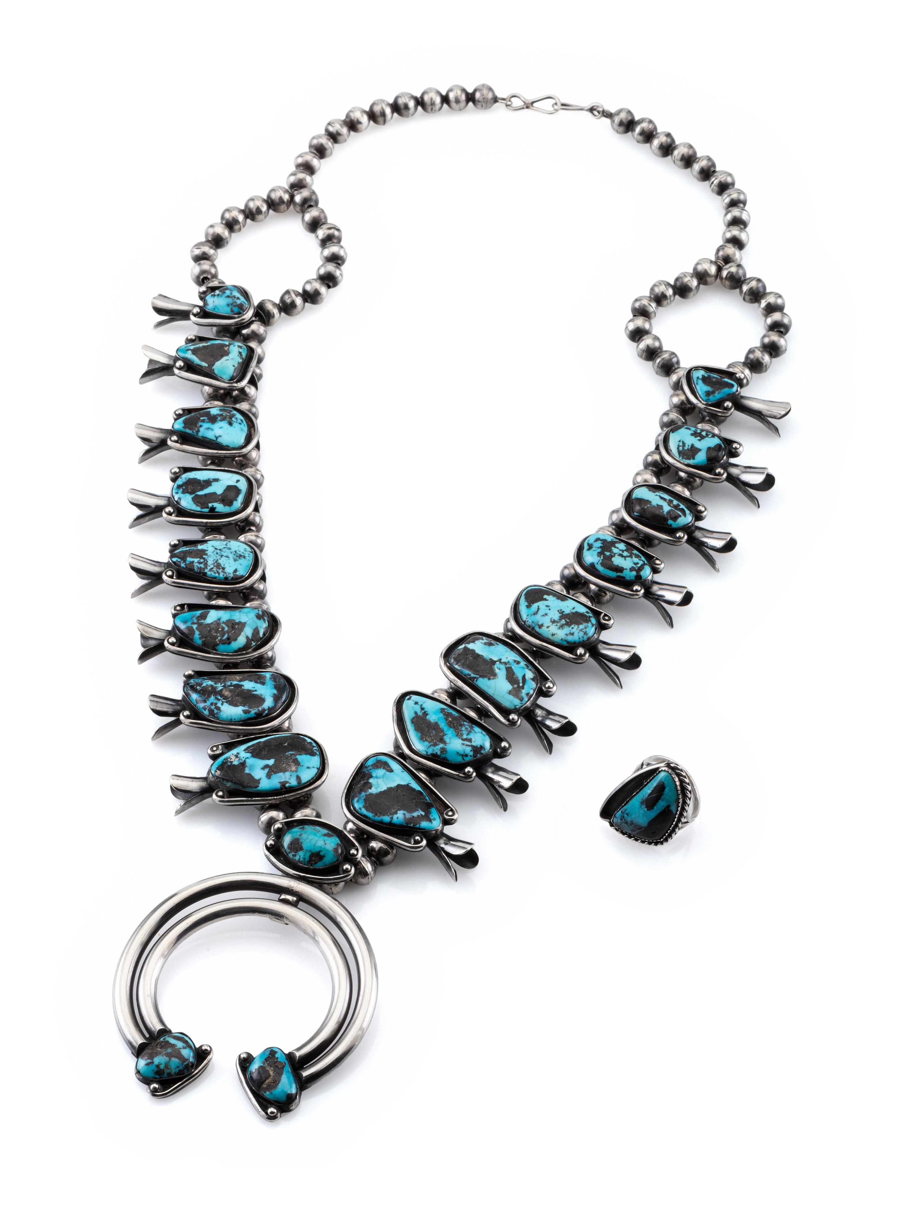 Navajo Silver and Turquoise Squash Blossom Necklace, with Ring
