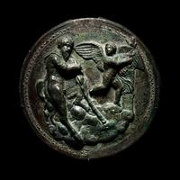 A Greek Bronze Box Mirror with Pan and Eros