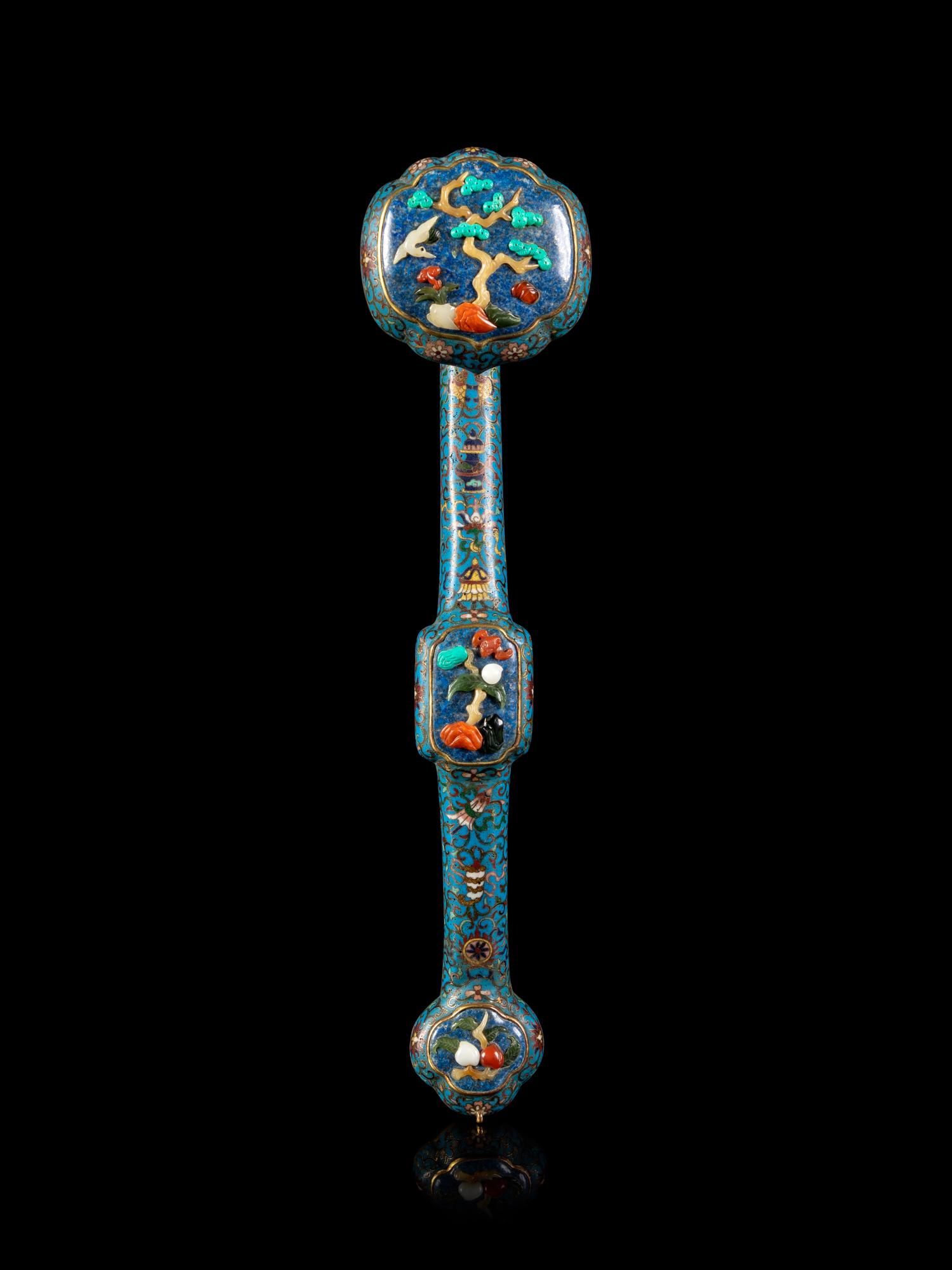 A Chinese Hardstone Inset Cloisonné Enamel Ruyi Scepter