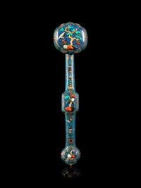 A Chinese Hardstone Inset Cloisonné Enamel Ruyi Scepter
