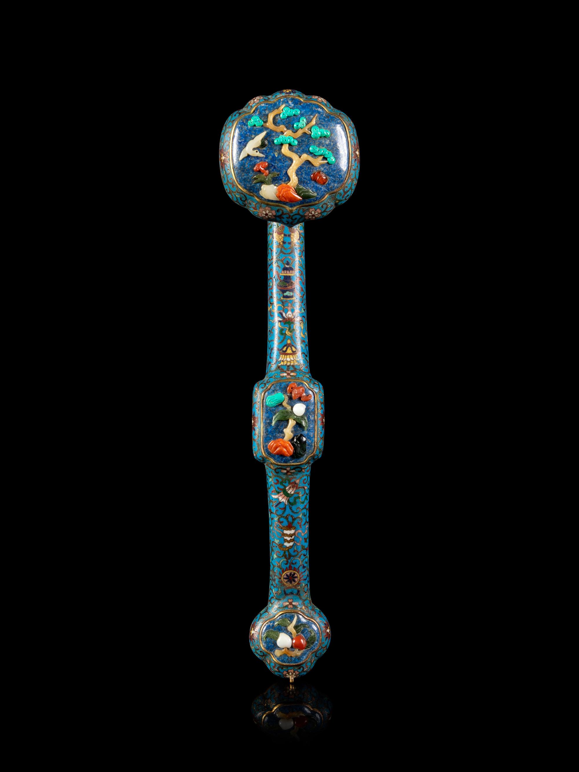 A Chinese Hardstone Inset Cloisonné Enamel Ruyi Scepter