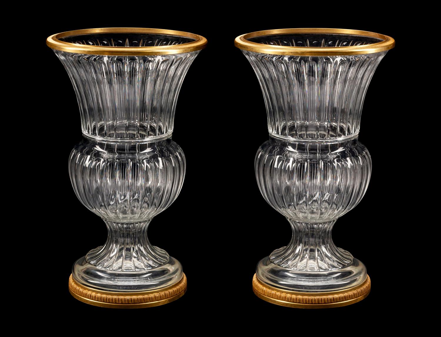 A Pair of Monumental Bronze-Mounted Cut-Glass Campana-Form Urns