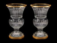 A Pair of Monumental Bronze-Mounted Cut-Glass Campana-Form Urns