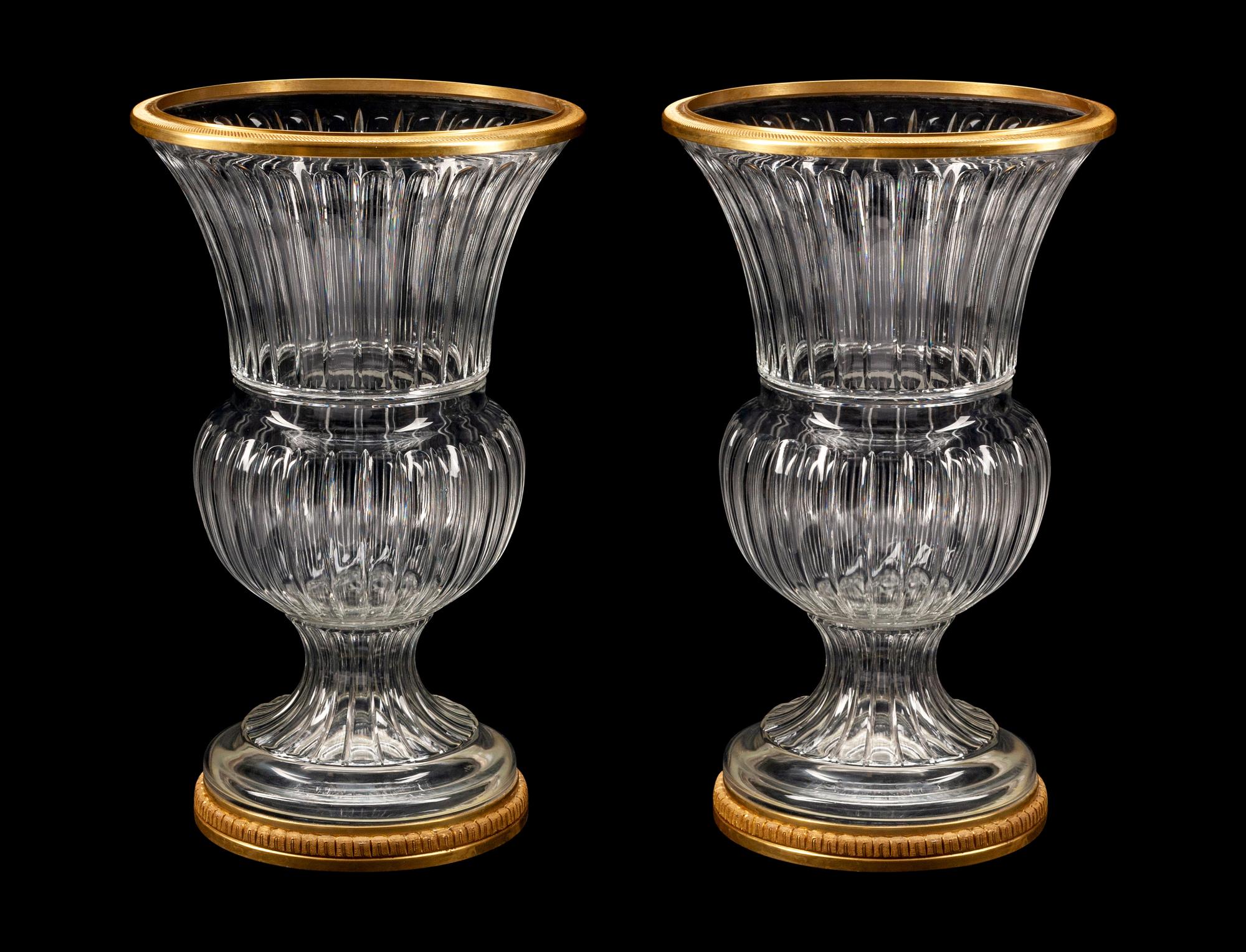 A Pair of Monumental Bronze-Mounted Cut-Glass Campana-Form Urns