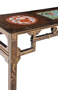 A Chinese Porcelain Inset Gilt Highlighted Black and Brown Lacquered Wood Side Table, Tiaozhuo