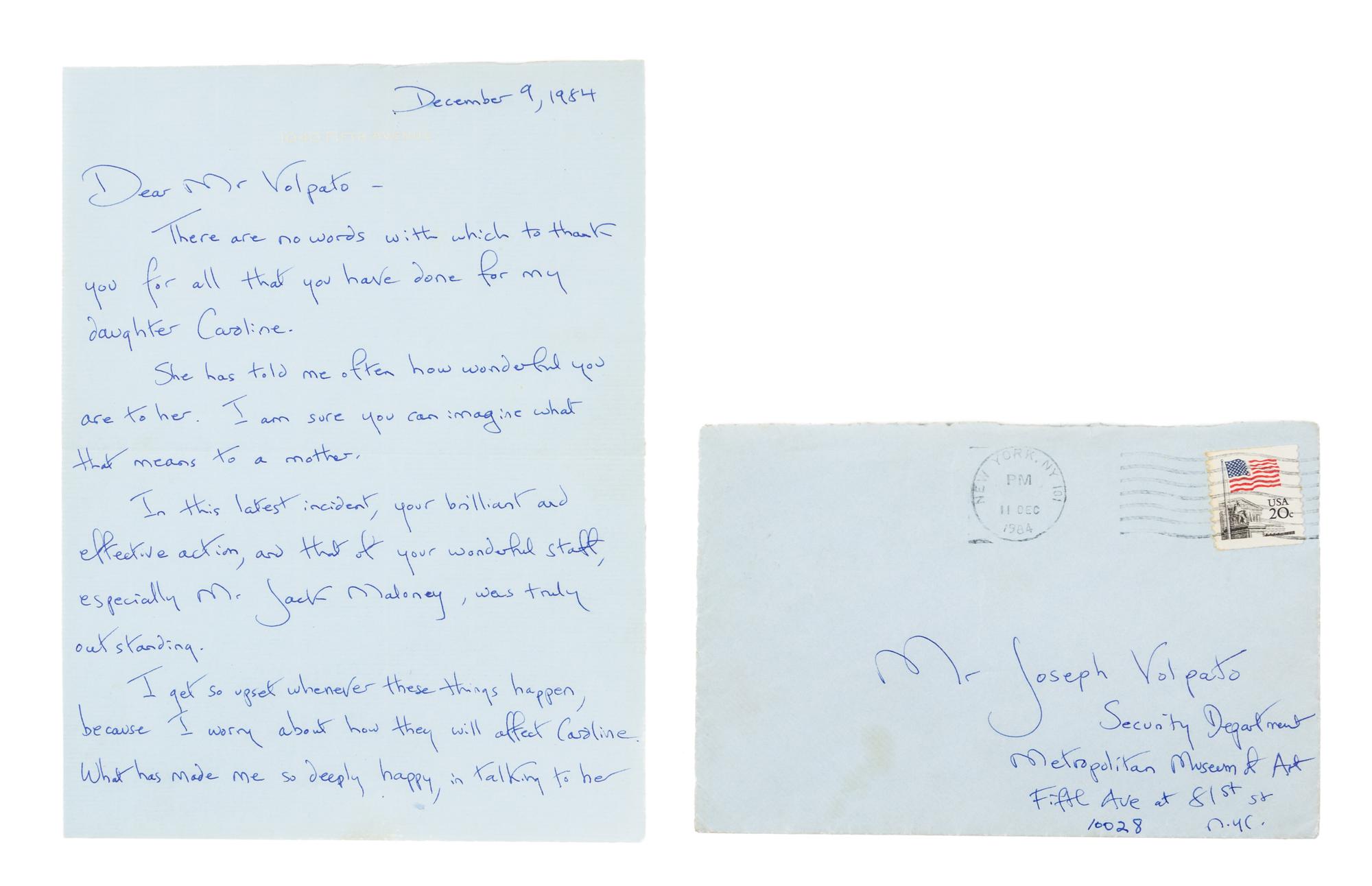KENNEDY, Jacqueline Bouvier. Autographed letter signed ("Jacqueline Kennedy Onassis"), to Joseph Volpato, New York, 9 December 1984.