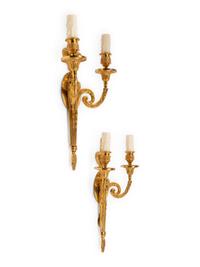 A Pair of Louis XVI Style Gilt Metal Two-Light Sconces