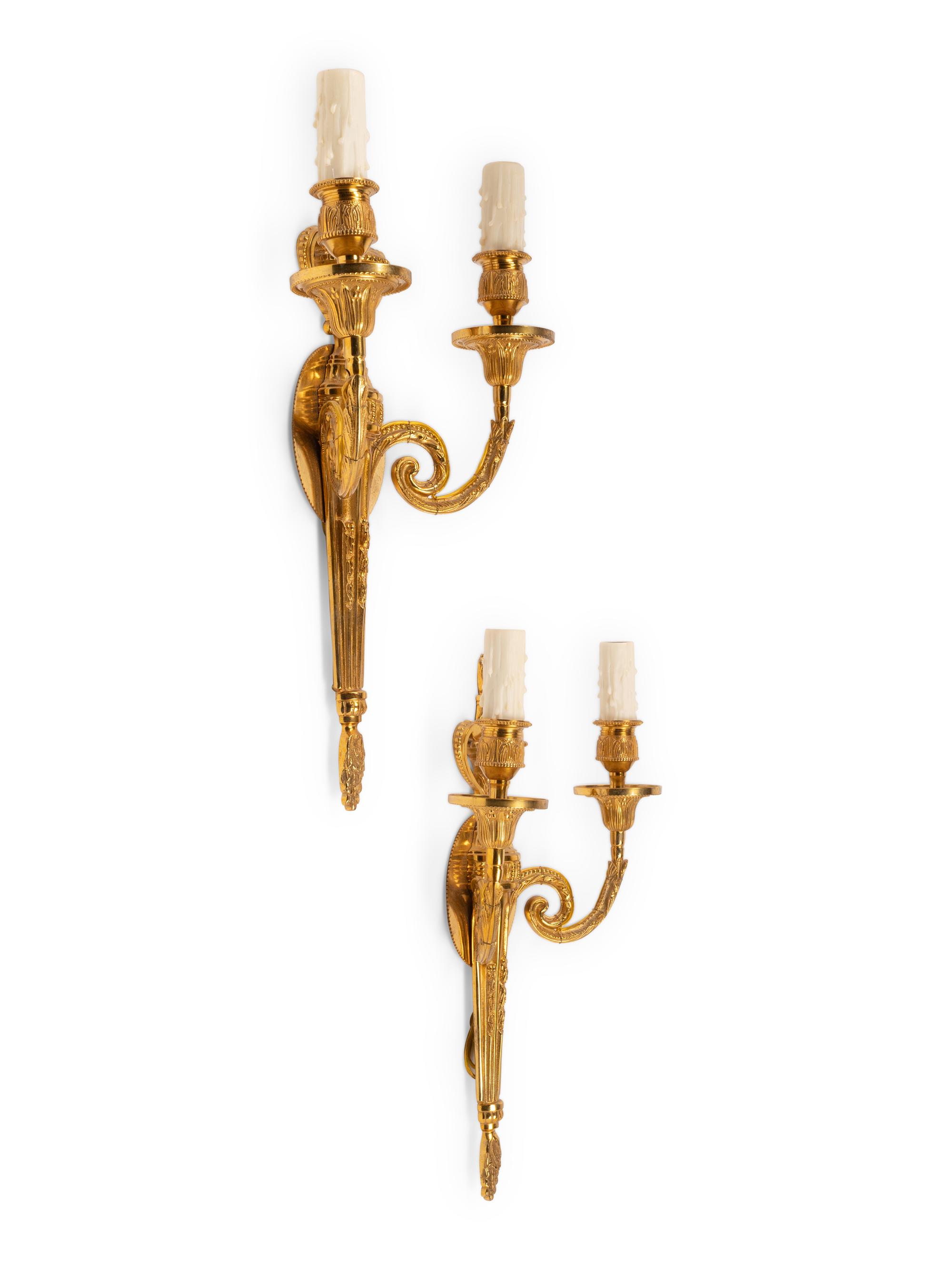 A Pair of Louis XVI Style Gilt Metal Two-Light Sconces