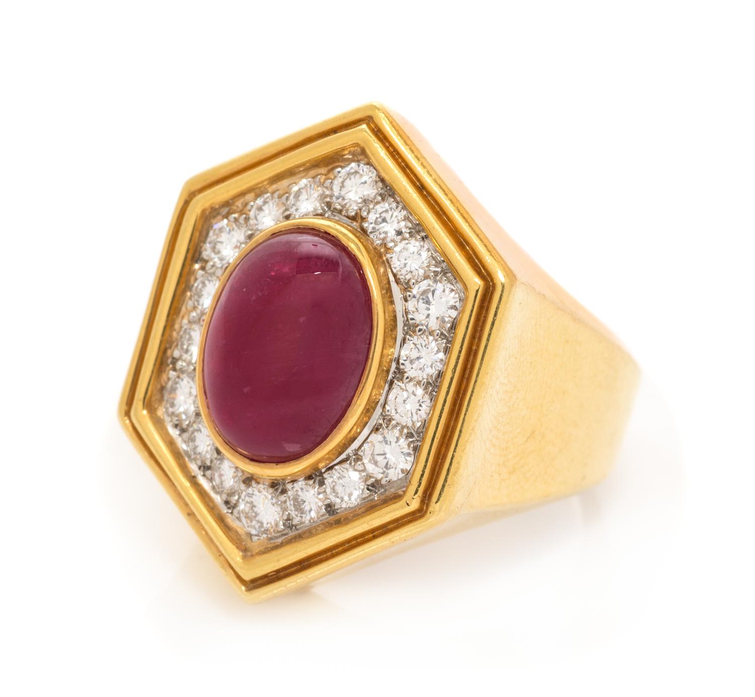An 18 Karat Yellow Gold, Platinum, Ruby and Diamond Ring, 11.05 dwts.
