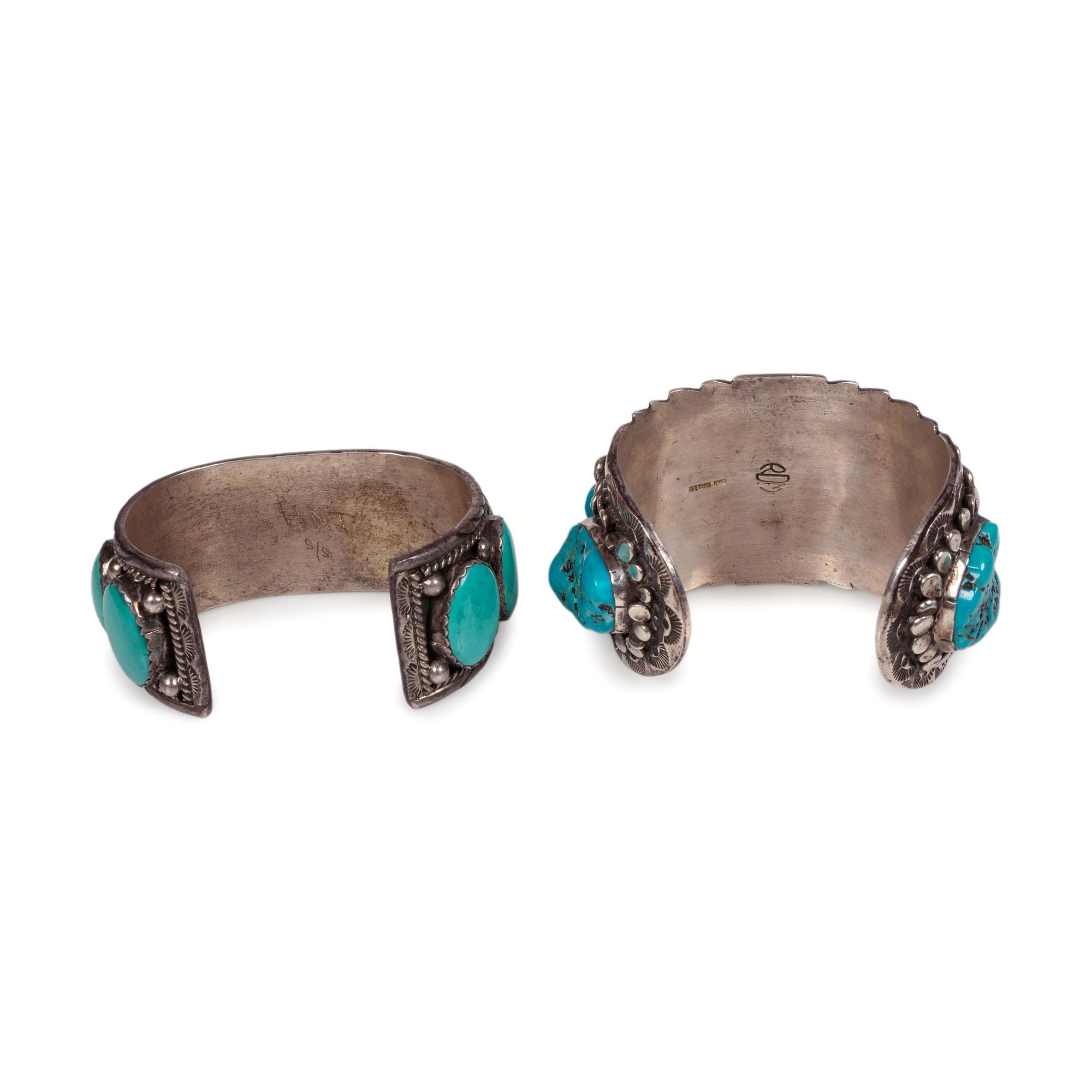 Pair of Navajo Silver and Turquoise Cuff Bracelets