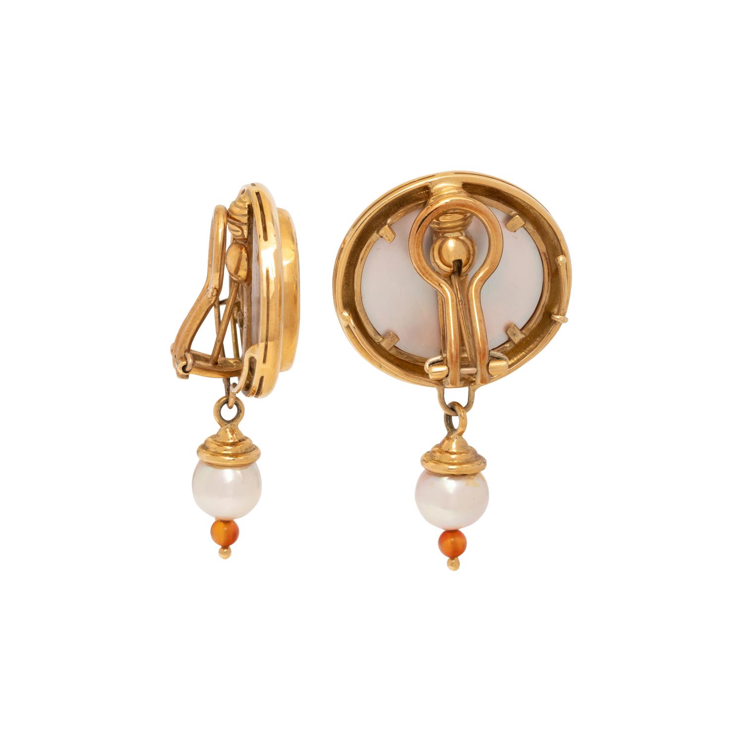 ELIZABETH LOCKE, INTAGLIO AND CULTURED PEARL CONVERTIBLE EARCLIPS