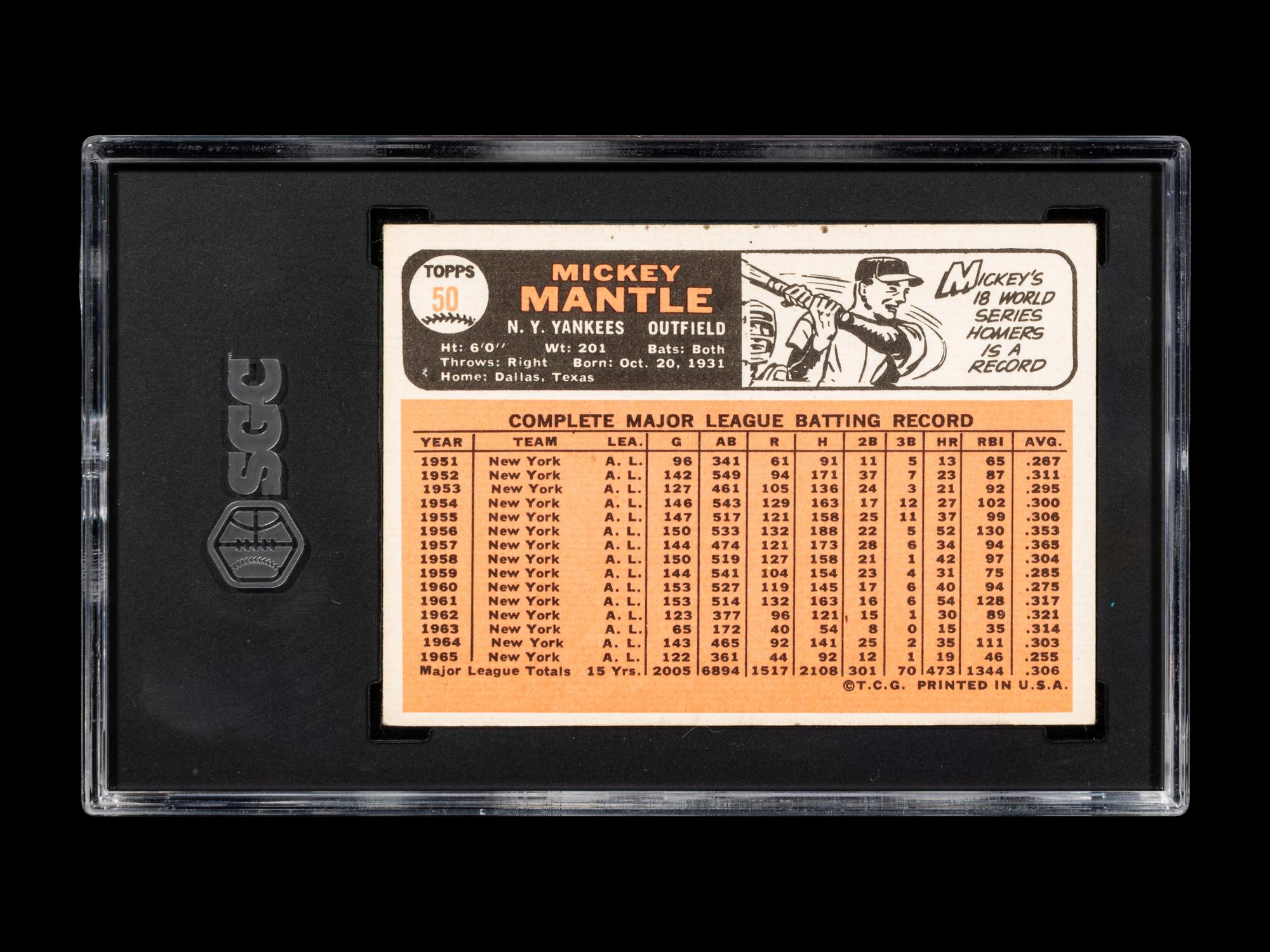 A 1966 Topps Mickey Mantle Baseball Card No. 50 (SGC 4 VG/EX)