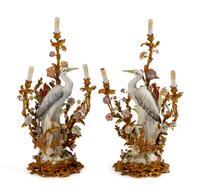 A Pair of Louis XV Style Gilt-Bronze and Porcelain Three-Light Candelabra