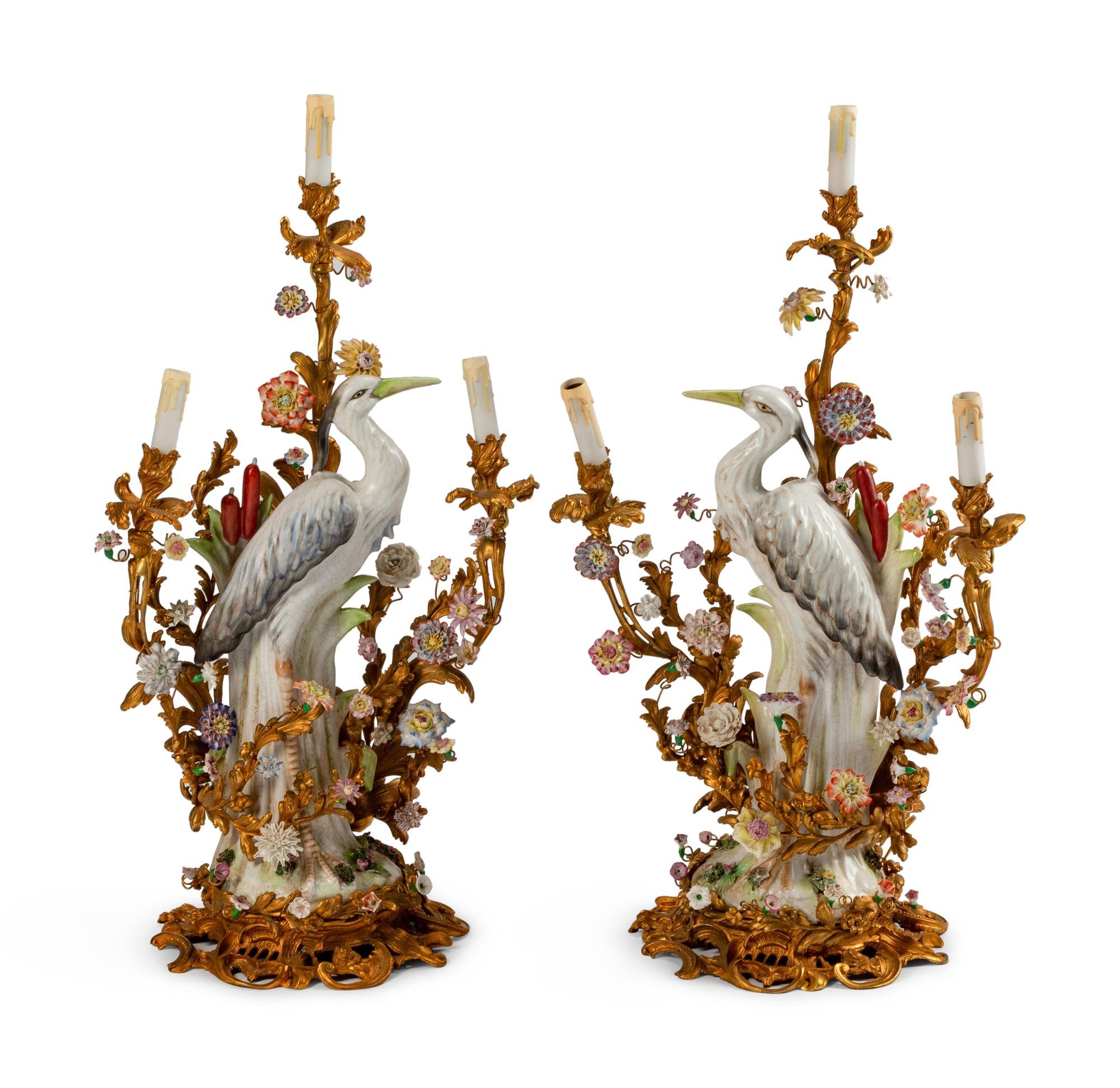 A Pair of Louis XV Style Gilt-Bronze and Porcelain Three-Light Candelabra