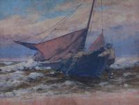 Rudolf Hellegrewe, (German, b. 1860), Men Bringing Sailboat Ashore
