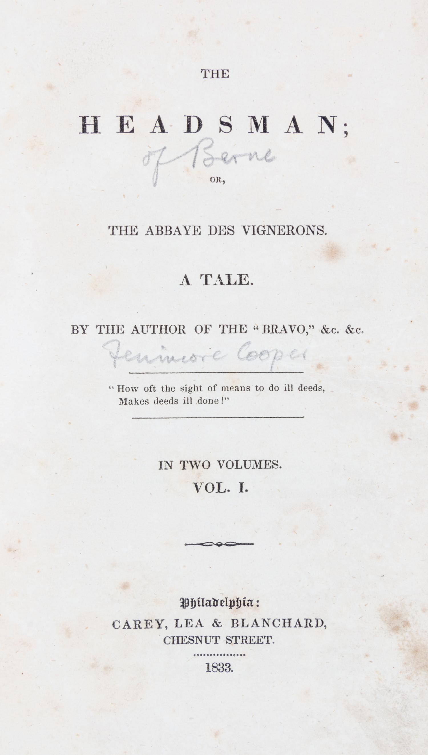 [COOPER (JAMES FENIMORE)] Two first editions, including The Water Witch and The Headsman.