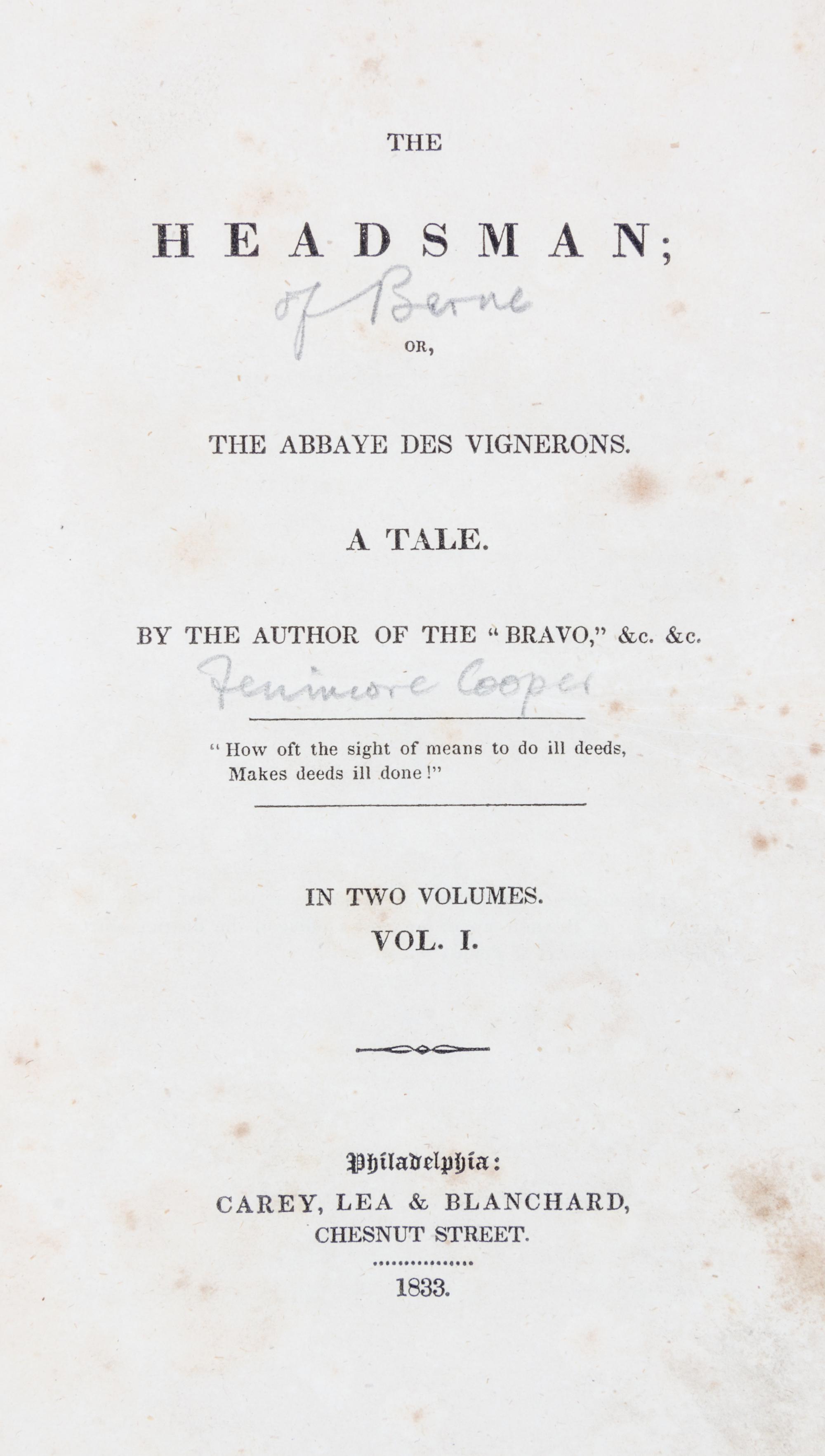 [COOPER (JAMES FENIMORE)] Two first editions, including The Water Witch and The Headsman.