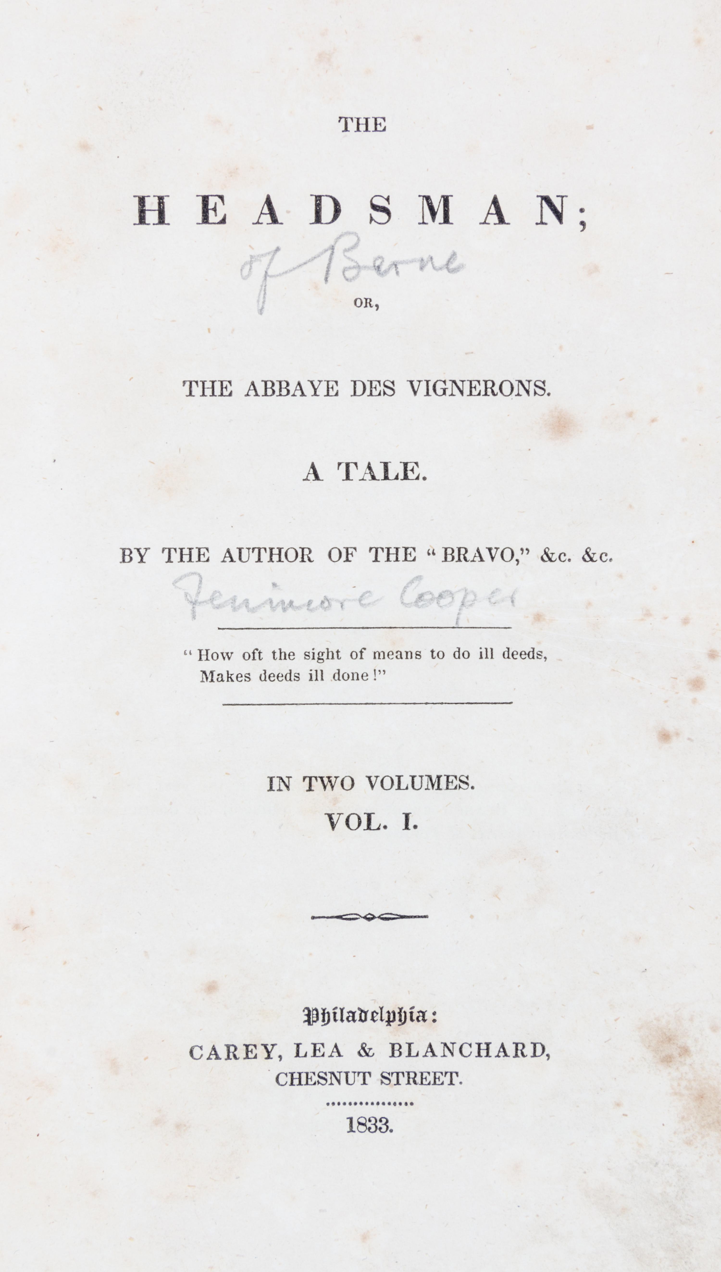 [COOPER (JAMES FENIMORE)] Two first editions, including The Water Witch and The Headsman.