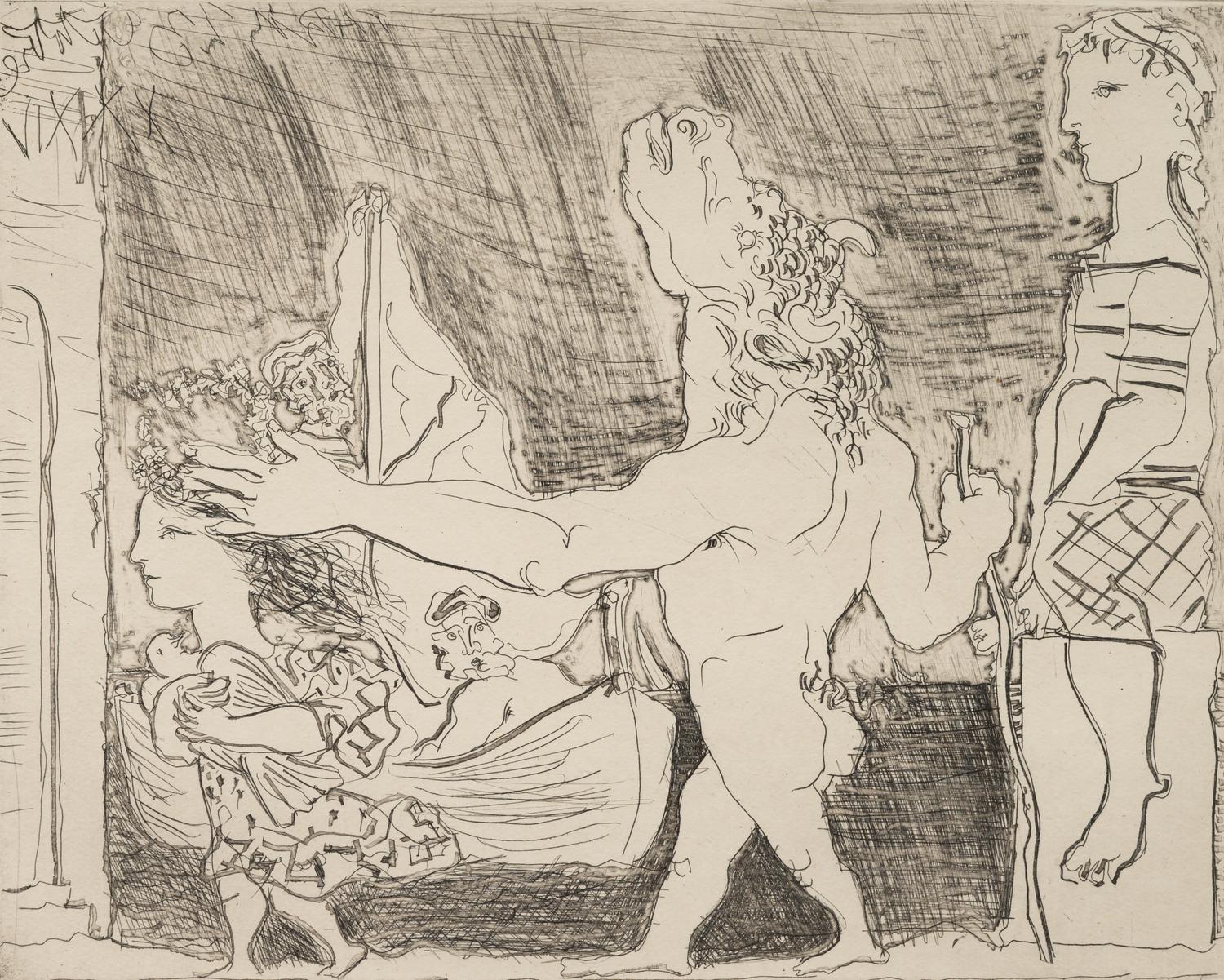 Minotaure aveugle guidé dans la nuit par une petite fille au pigeon (from La Suite Vollard ) 1934 (published 1939)