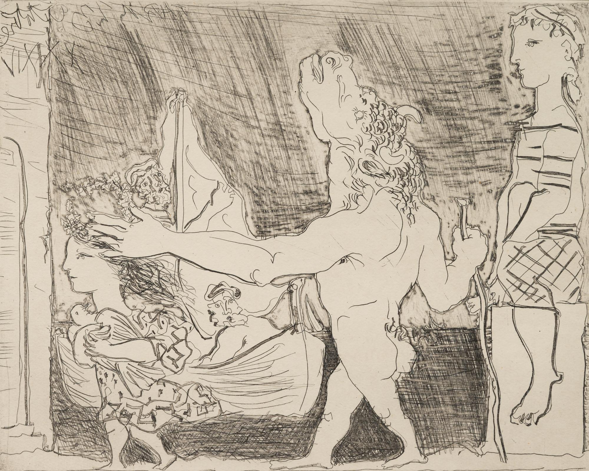 Minotaure aveugle guidé dans la nuit par une petite fille au pigeon (from La Suite Vollard ) 1934 (published 1939)