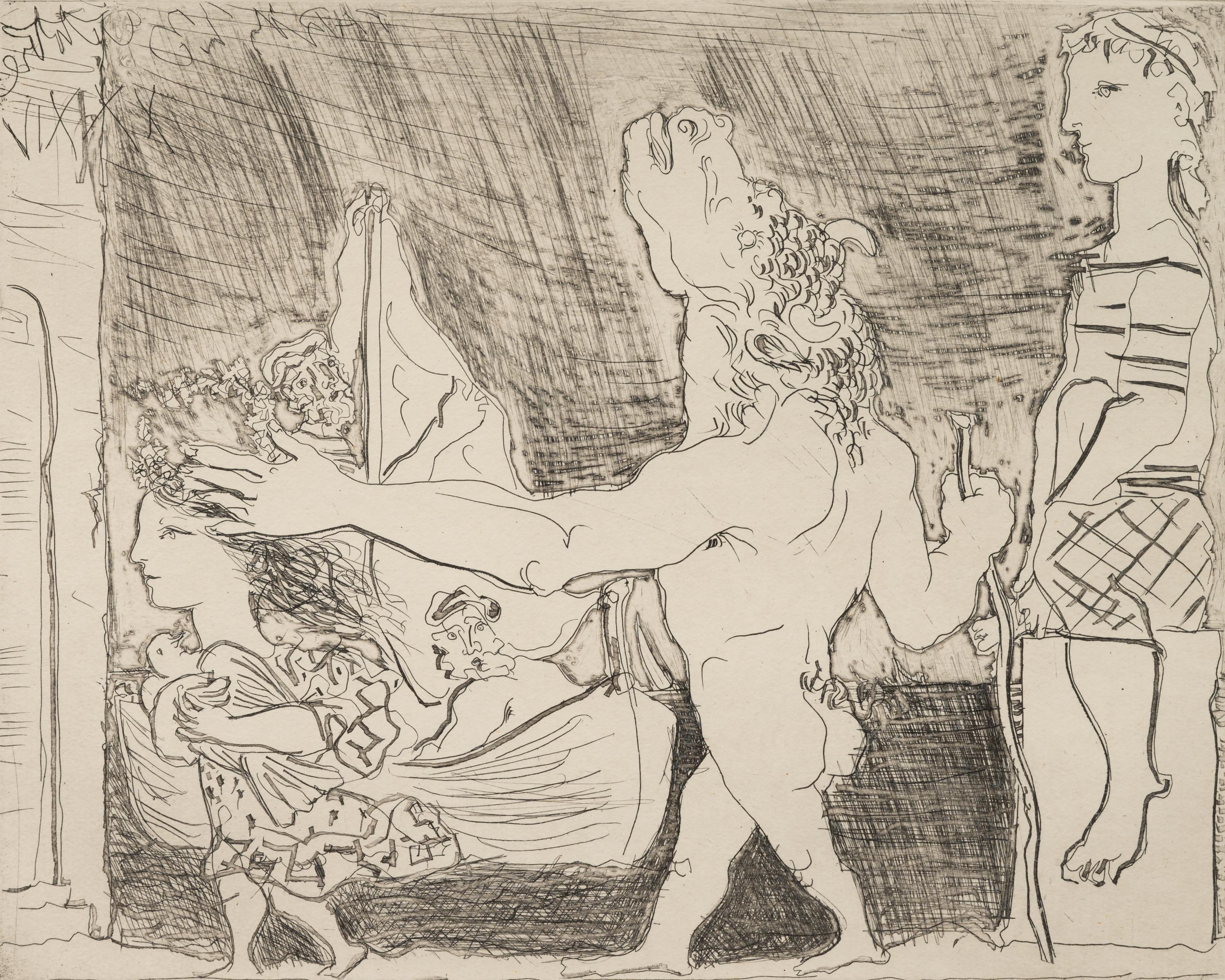 Minotaure aveugle guidé dans la nuit par une petite fille au pigeon (from La Suite Vollard ) 1934 (published 1939)