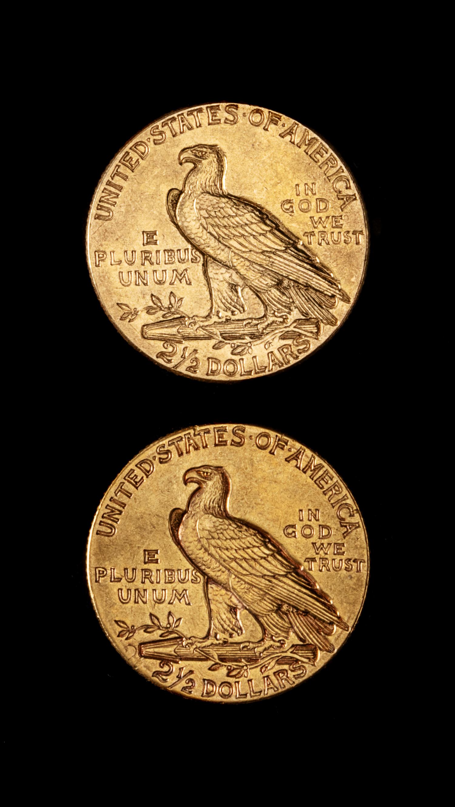 Two United States Indian Head $2.50 Gold Coins