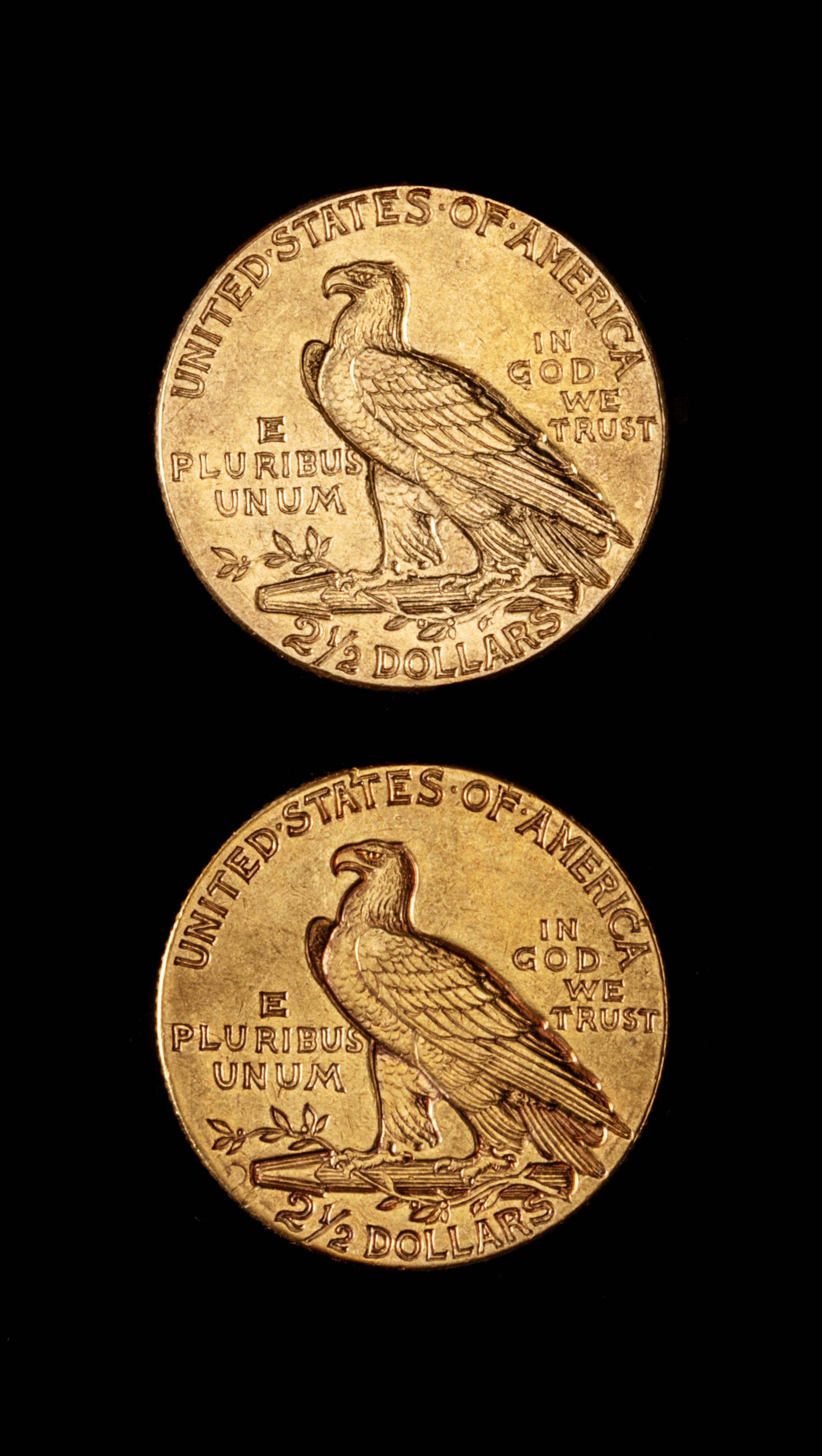 Two United States Indian Head $2.50 Gold Coins