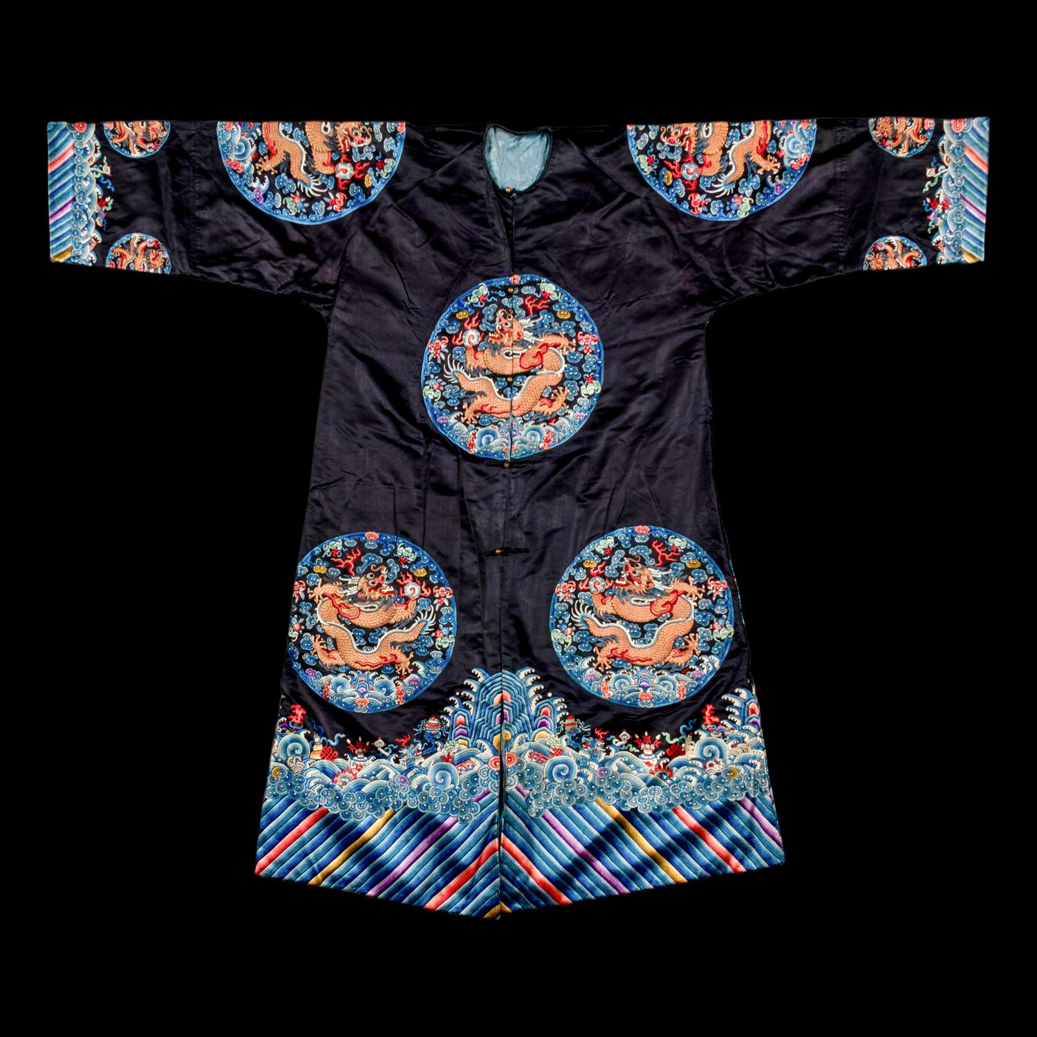 A Chinese Dark Navy Ground Embroidered Silk 'Dragon' Robe, 19th Century 清晚期 石青緞繡八團五爪龍褂