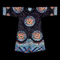 A Chinese Dark Navy Ground Embroidered Silk 'Dragon' Robe, 19th Century 清晚期 石青緞繡八團五爪龍褂