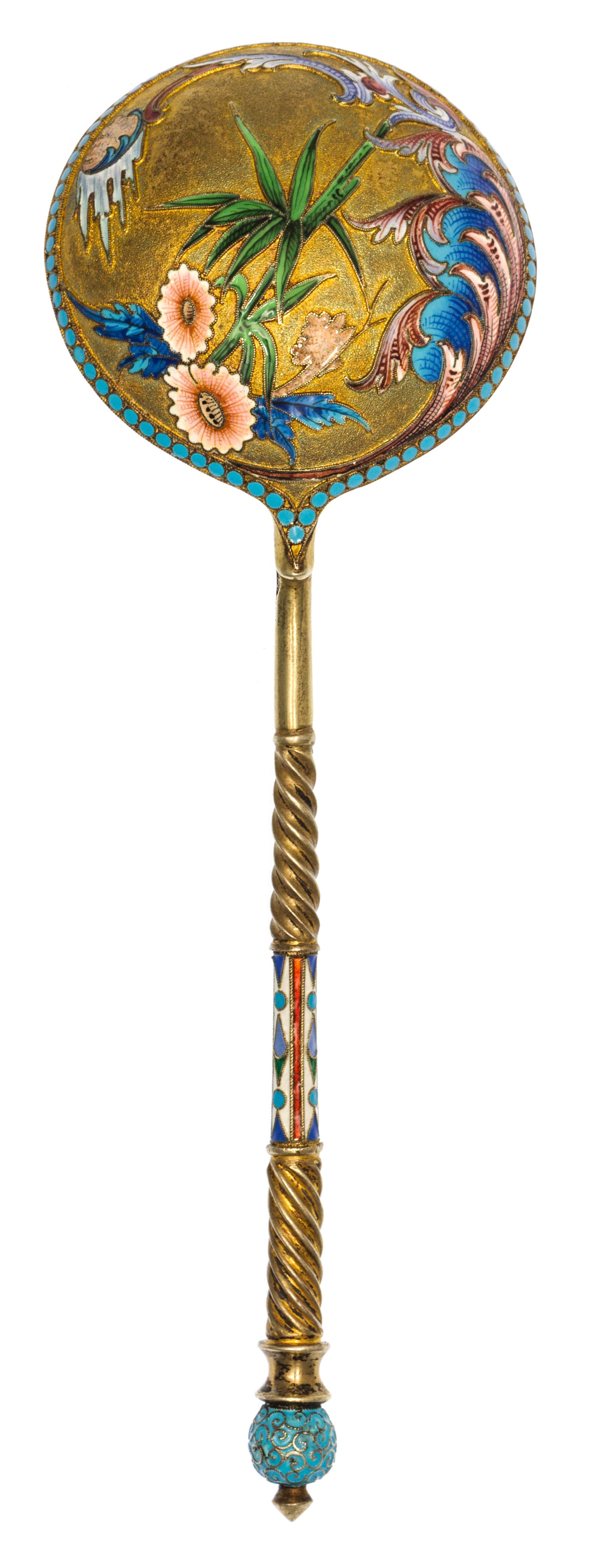 A Russian Silver-Gilt and Enameled Spoon, Mark of Nikolai Alekseyev, Moscow, late 19th century, having a light blue enamel on a twist h