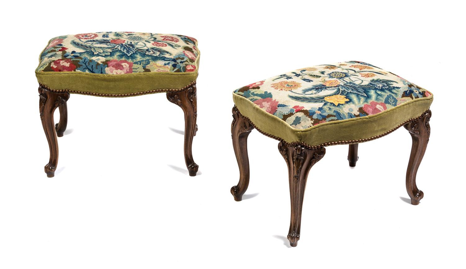 A Pair of George II Style Mahogany Stools Height 16 x width 21 x depth 17 1/4 inches.