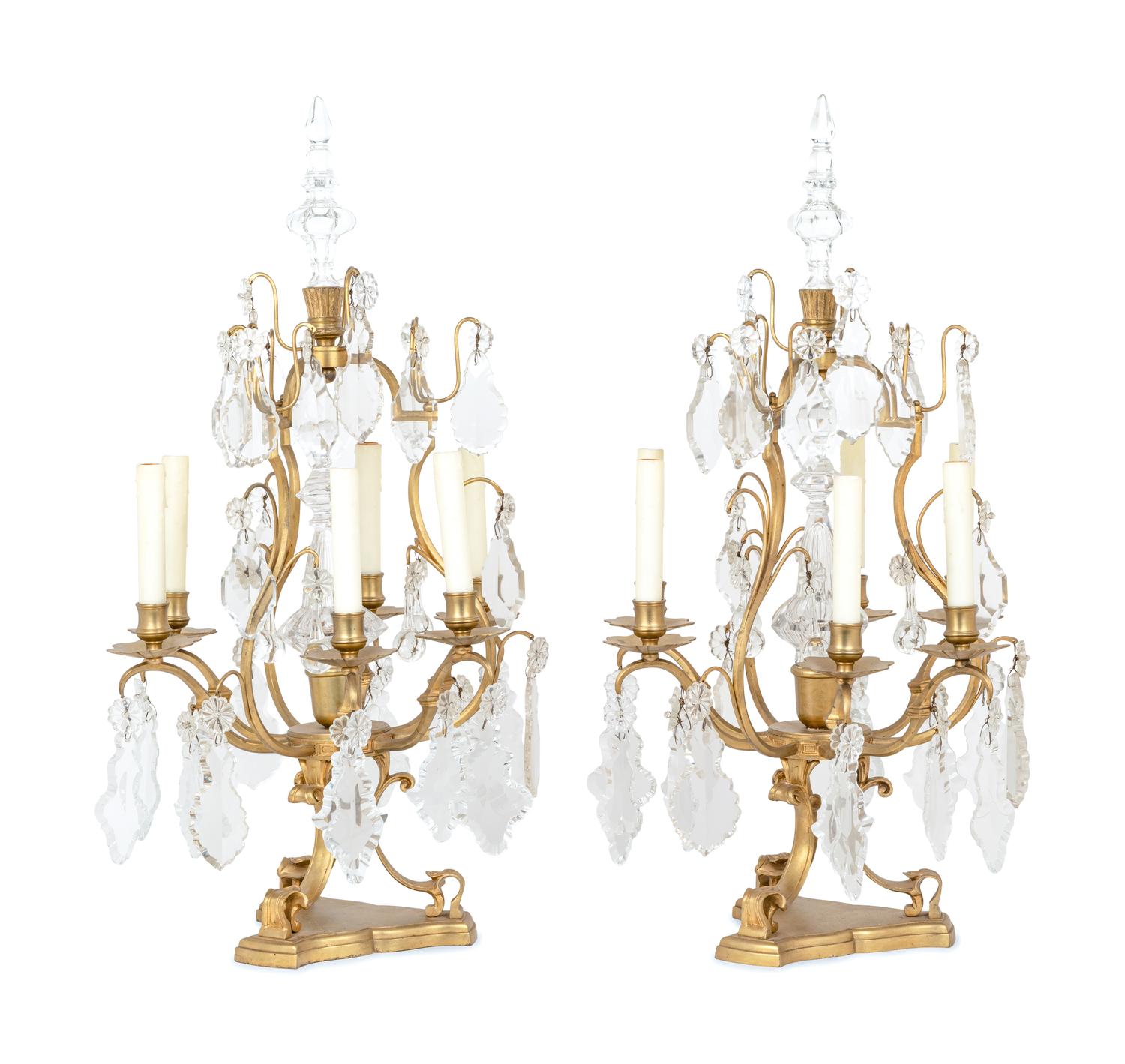 A Pair of French Gilt Metal Six-Light Candelabra Converted to Electricity