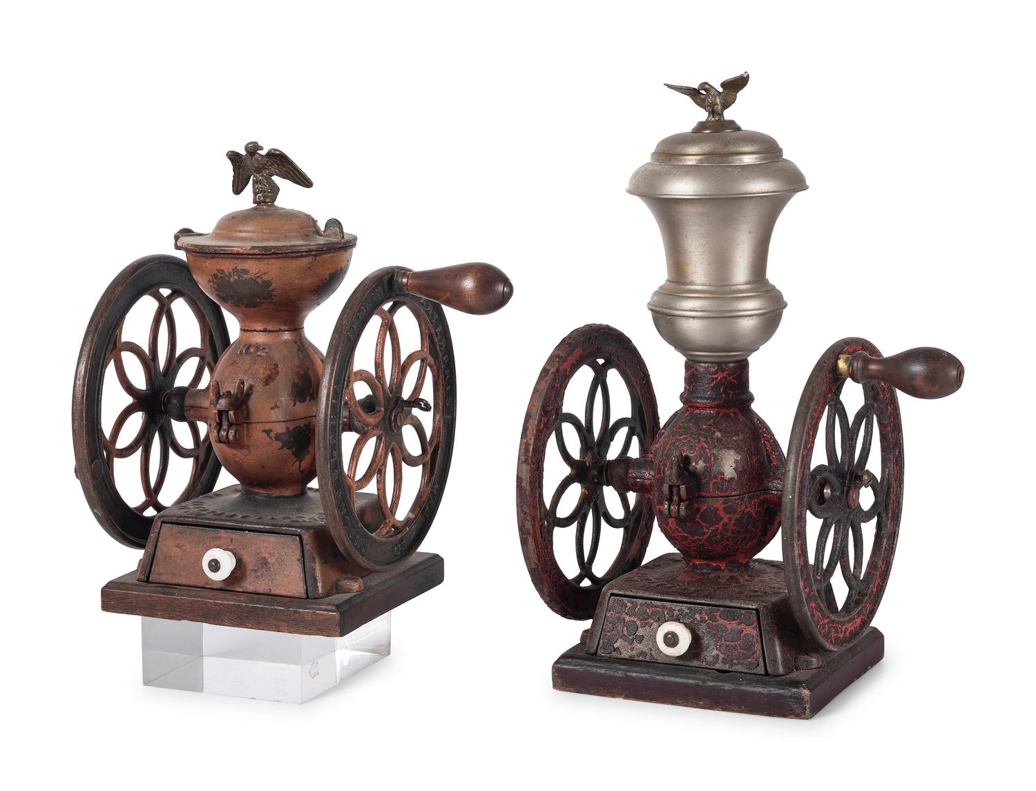 Two Enterprise Painted Cast Iron Coffee Mills with Eagle Finials
