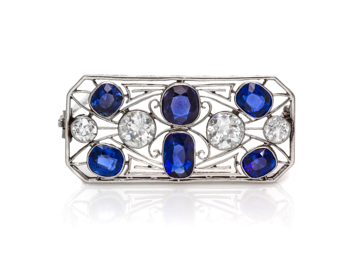 A Fine Art Deco Platinum, Burmese Sapphire and Diamond Brooch, 5.50 dwts.