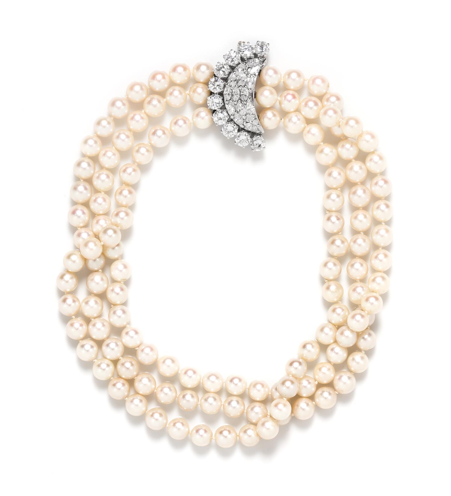 A Triple Strand Cultured Pearl Necklace with an 18 Karat White Gold and Diamond Clasp,