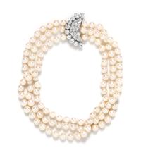 A Triple Strand Cultured Pearl Necklace with an 18 Karat White Gold and Diamond Clasp,