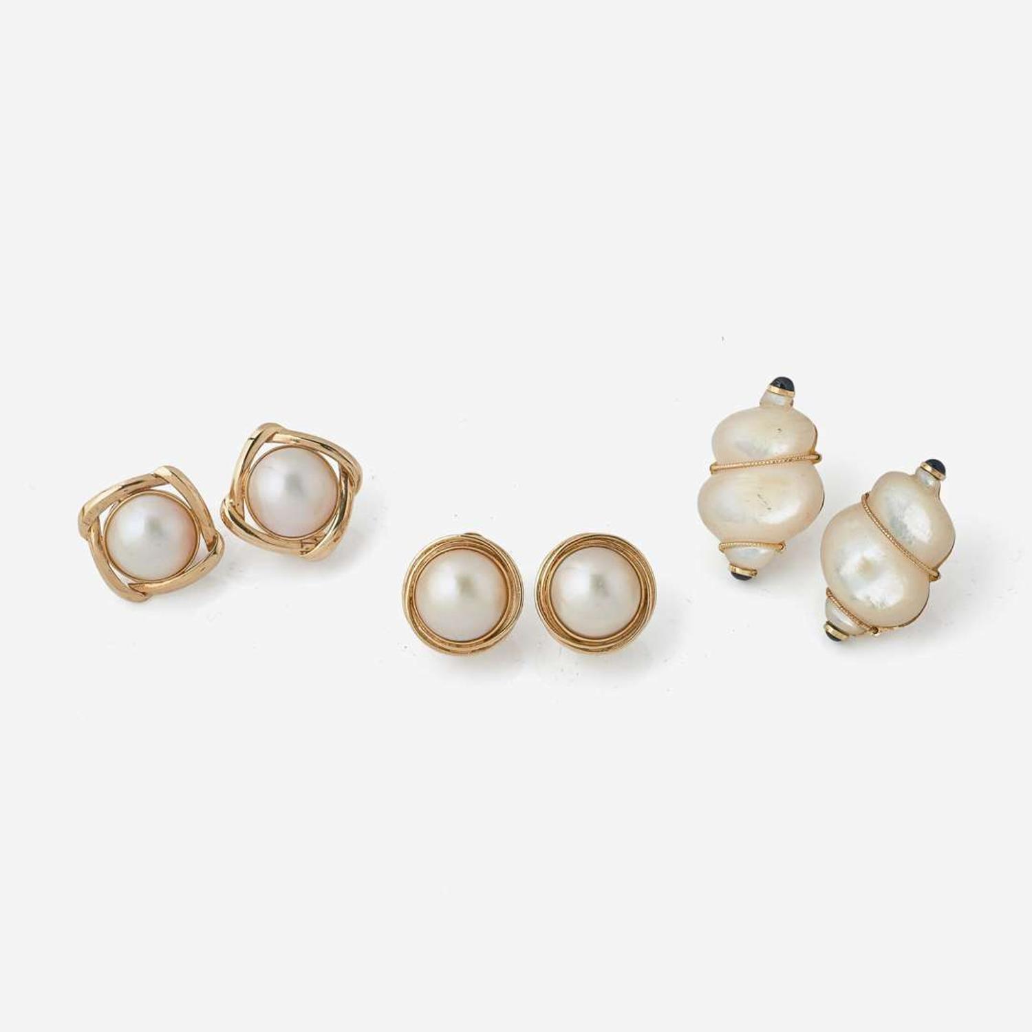 A Collection of Three Pearl and Shell Earring Sets