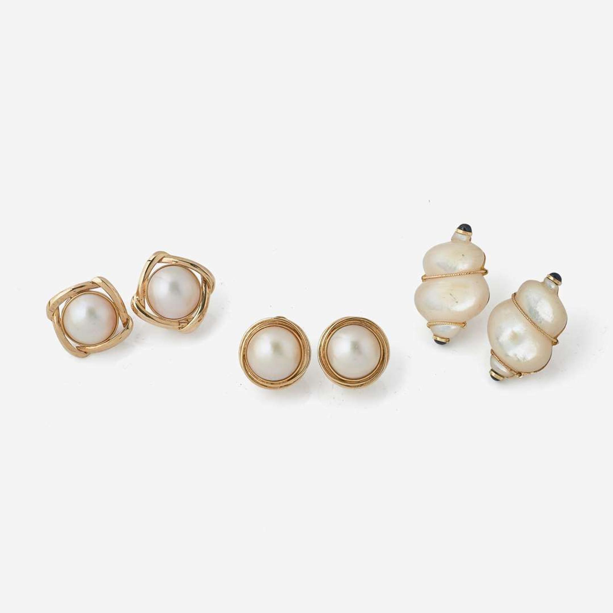 A Collection of Three Pearl and Shell Earring Sets