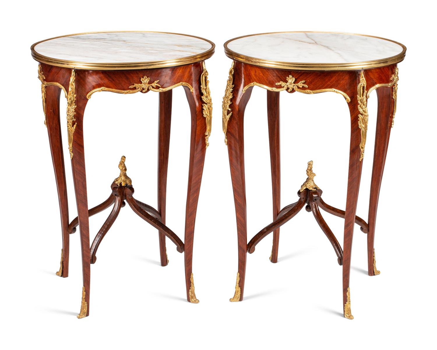 A Pair of Louis XV Style Gilt Bronze Mounted Marble-Top Side Tables