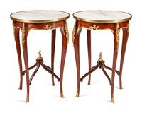 A Pair of Louis XV Style Gilt Bronze Mounted Marble-Top Side Tables