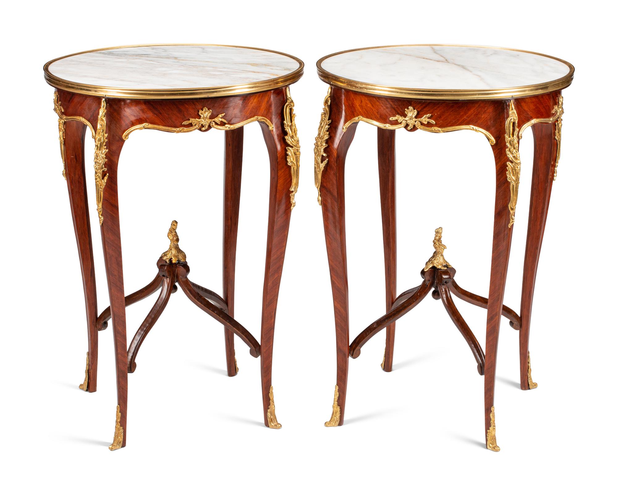 A Pair of Louis XV Style Gilt Bronze Mounted Marble-Top Side Tables
