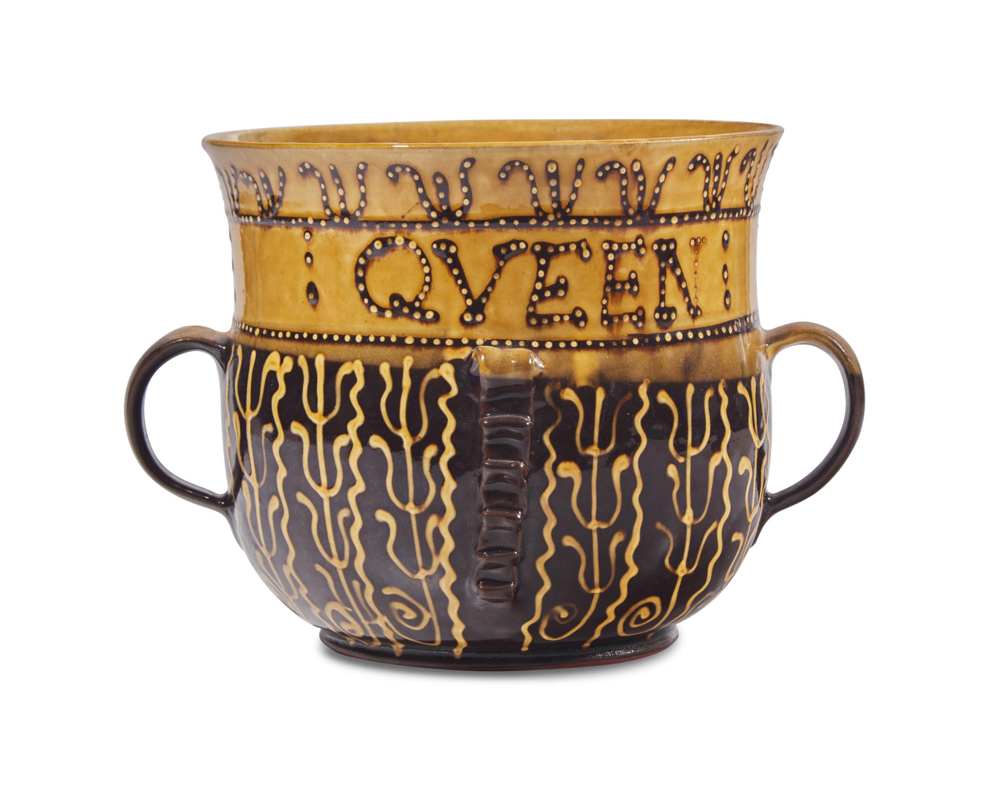Michelle Erickson (B. 1960), A Lead Glazed Redware " God Save the Queen" Slip-Decorated Posset Pot