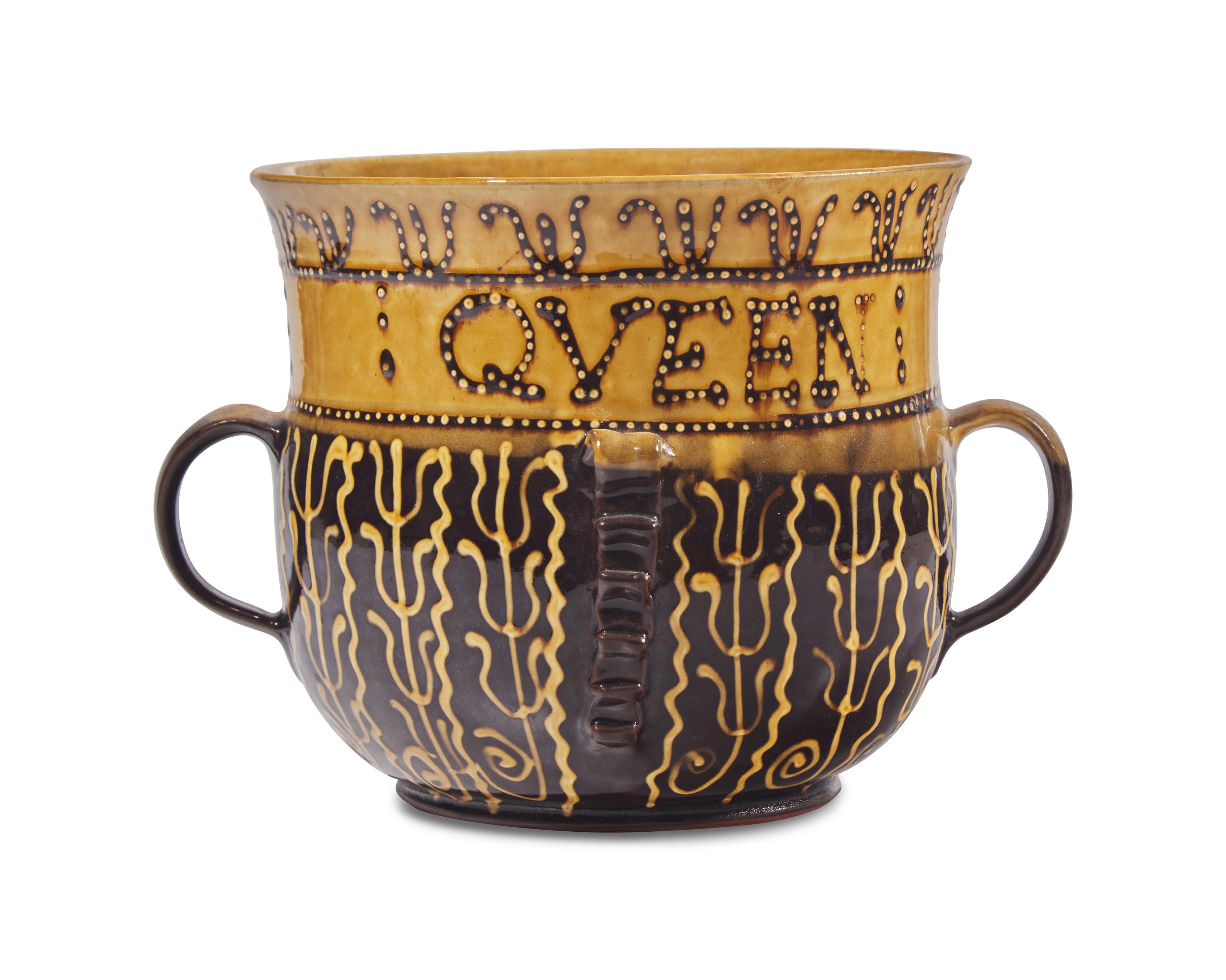 Michelle Erickson (B. 1960), A Lead Glazed Redware " God Save the Queen" Slip-Decorated Posset Pot