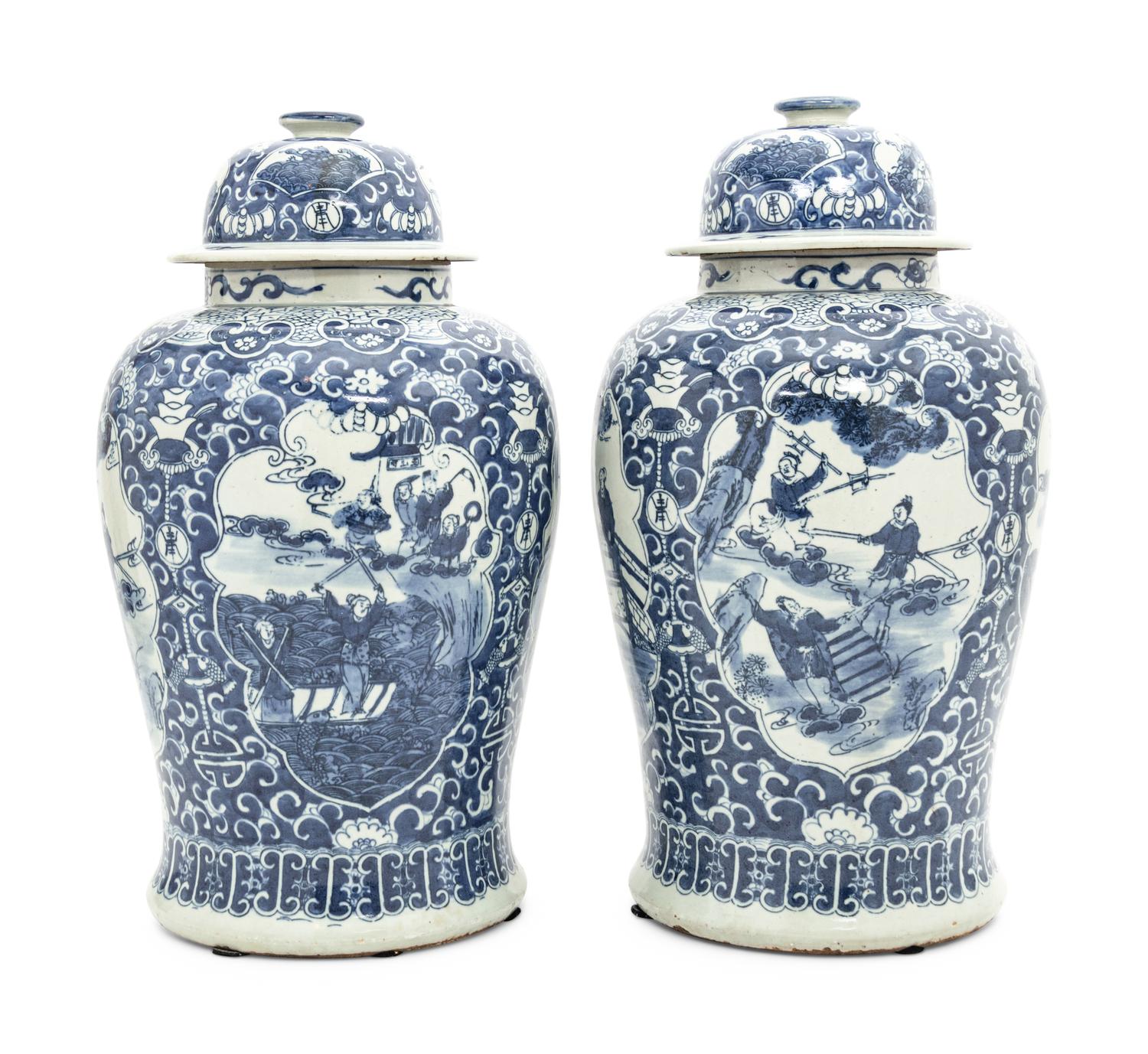 A Pair of Blue and White Porcelain Jars and Covers