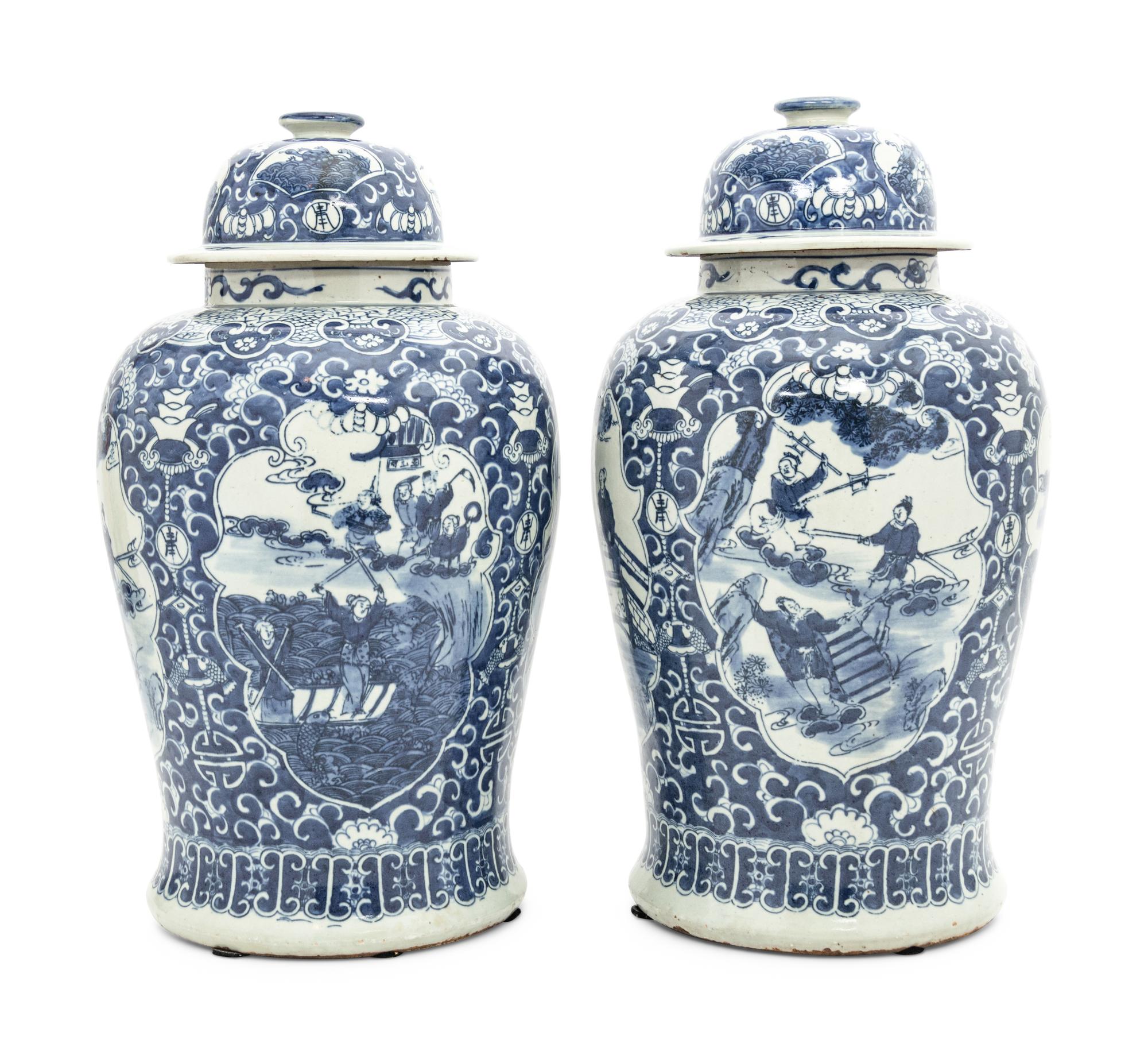 A Pair of Blue and White Porcelain Jars and Covers
